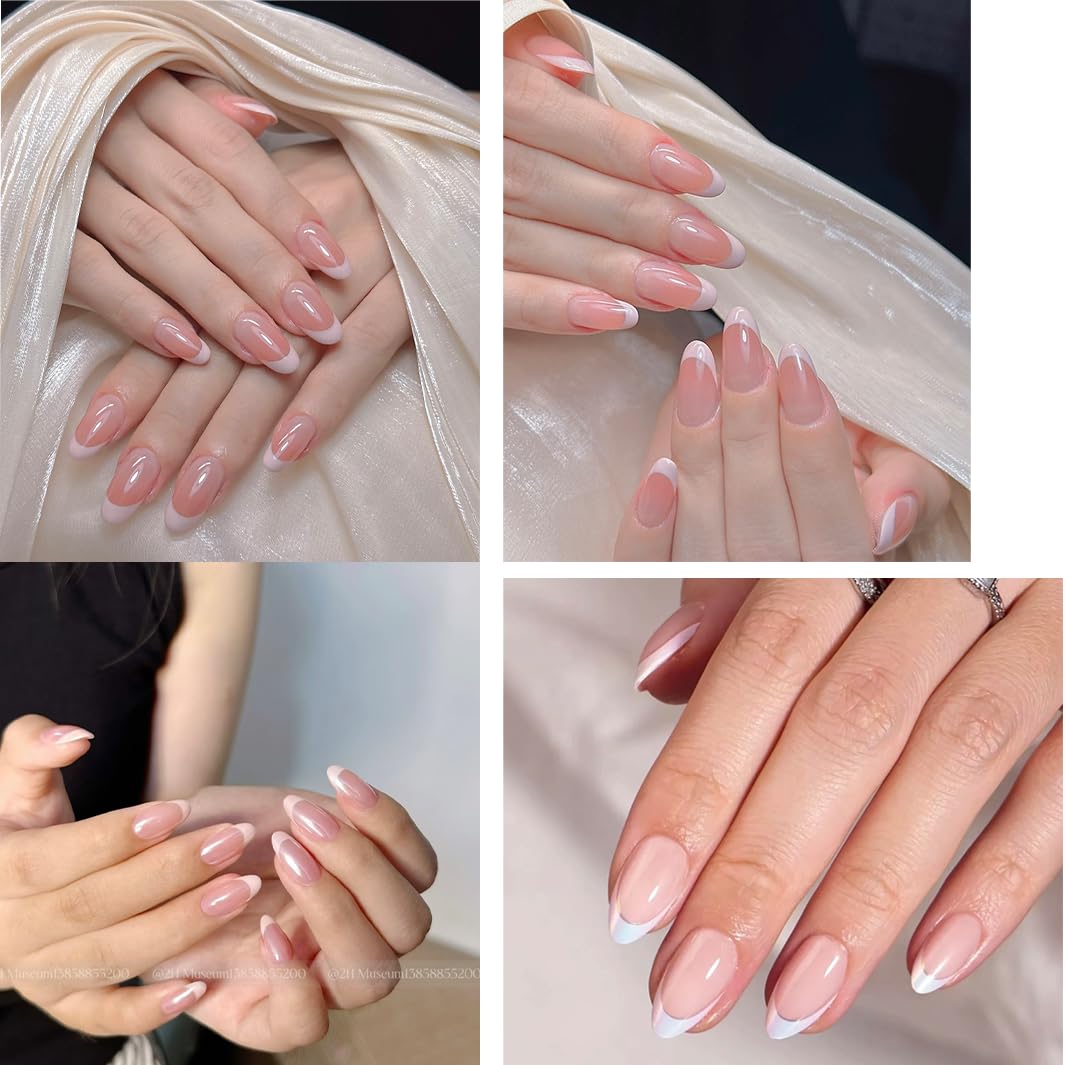 French False Nails, Short Oval French White Pointed False NailSet, Nude Pink False Nails Short Style - Image 2