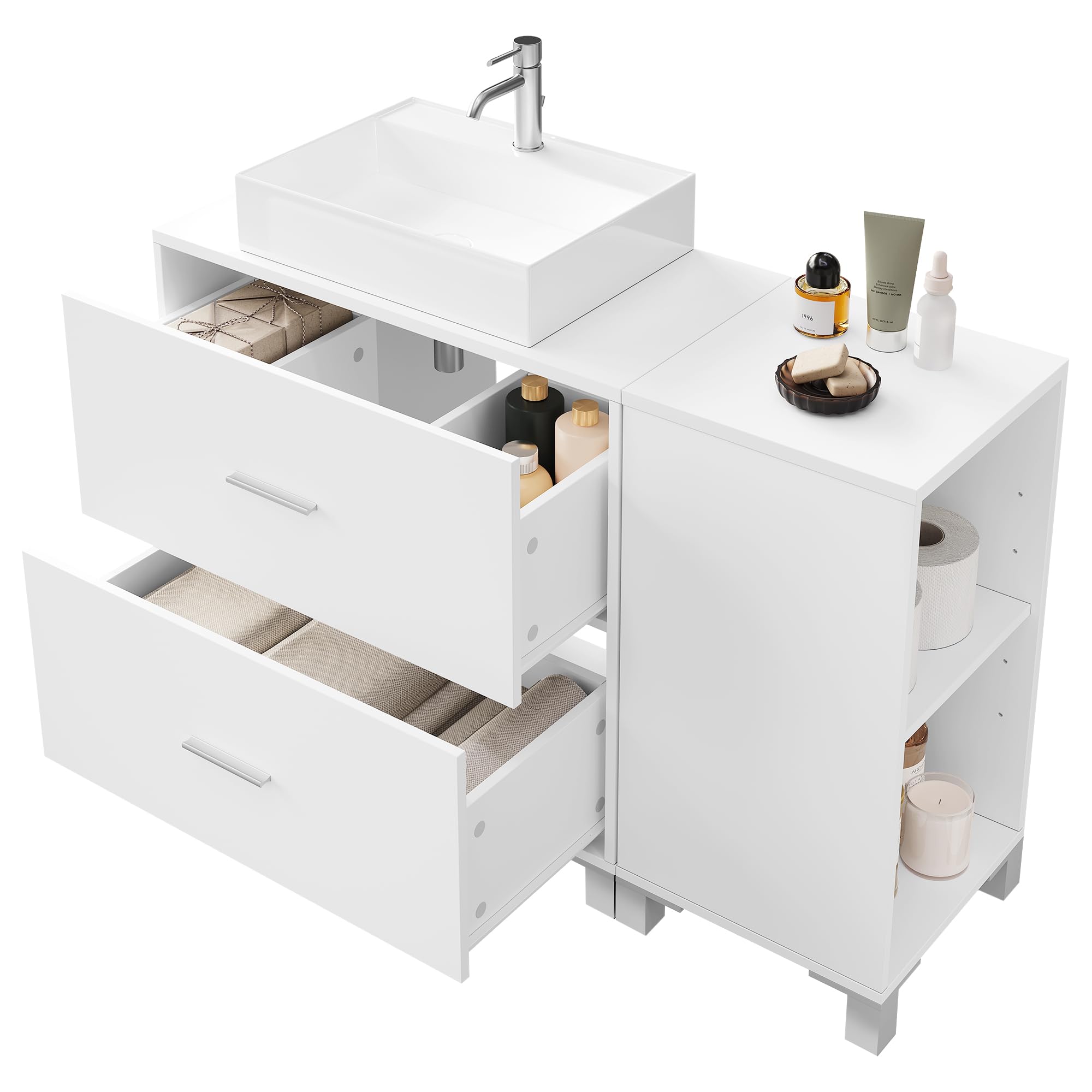 eSituro Armario de Baño de Pie, Mueble Bajo Lavabo con Cajones, Mueble Auxiliar de Baño, Estante Ajustable, Recorte Sifón 14,5 * 20 cm, Blanco