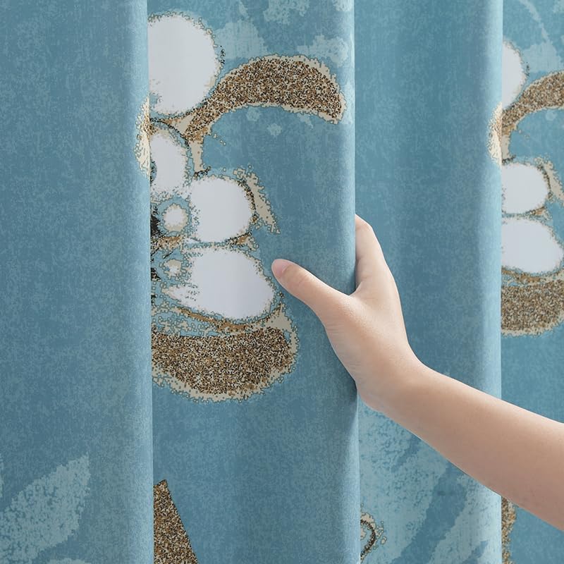 Miniatura 5 de Hanakotoba - Cortina de ducha de poliéster impermeable con estampado de plantas blancas y azul marino para baño, 72 pulgadas de ancho x 72 pulgadas