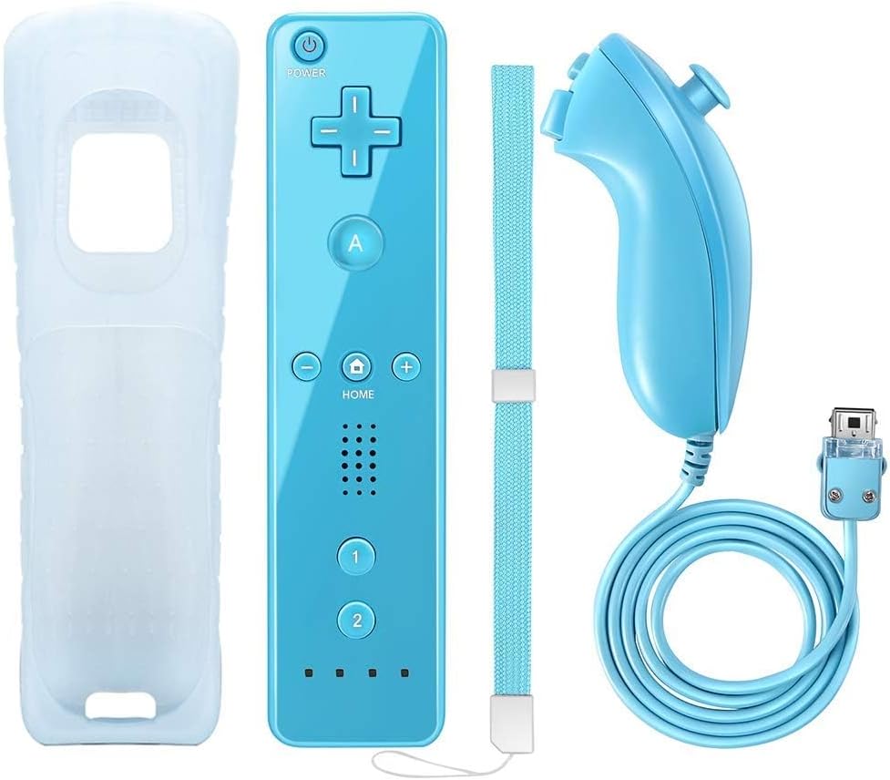 Remote Controller and Nunchaku Controller Replacement for Wii Remote Controller,Built in 3-axis Motion Sensor,Compatible with Nintendo Wii/Wii U,with Silicone Case and Wrist Strap (Blue 1set)