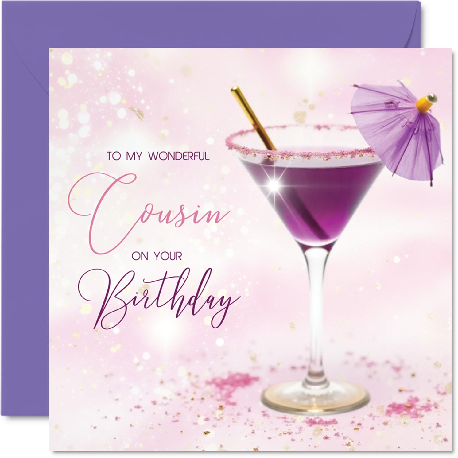 Cousin Birthday Card - Purple Cocktail - Happy Birthday Card for Cousin from Family Relative, 145mm Purple Cocktail Bday Greeting Cards