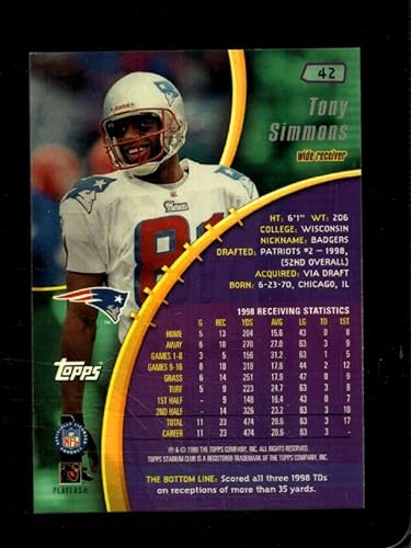 Miniatura 2 de 1999 TOPPS STADIUM CLUB #42 TONY SIMMONS NMMT PATRIOTS