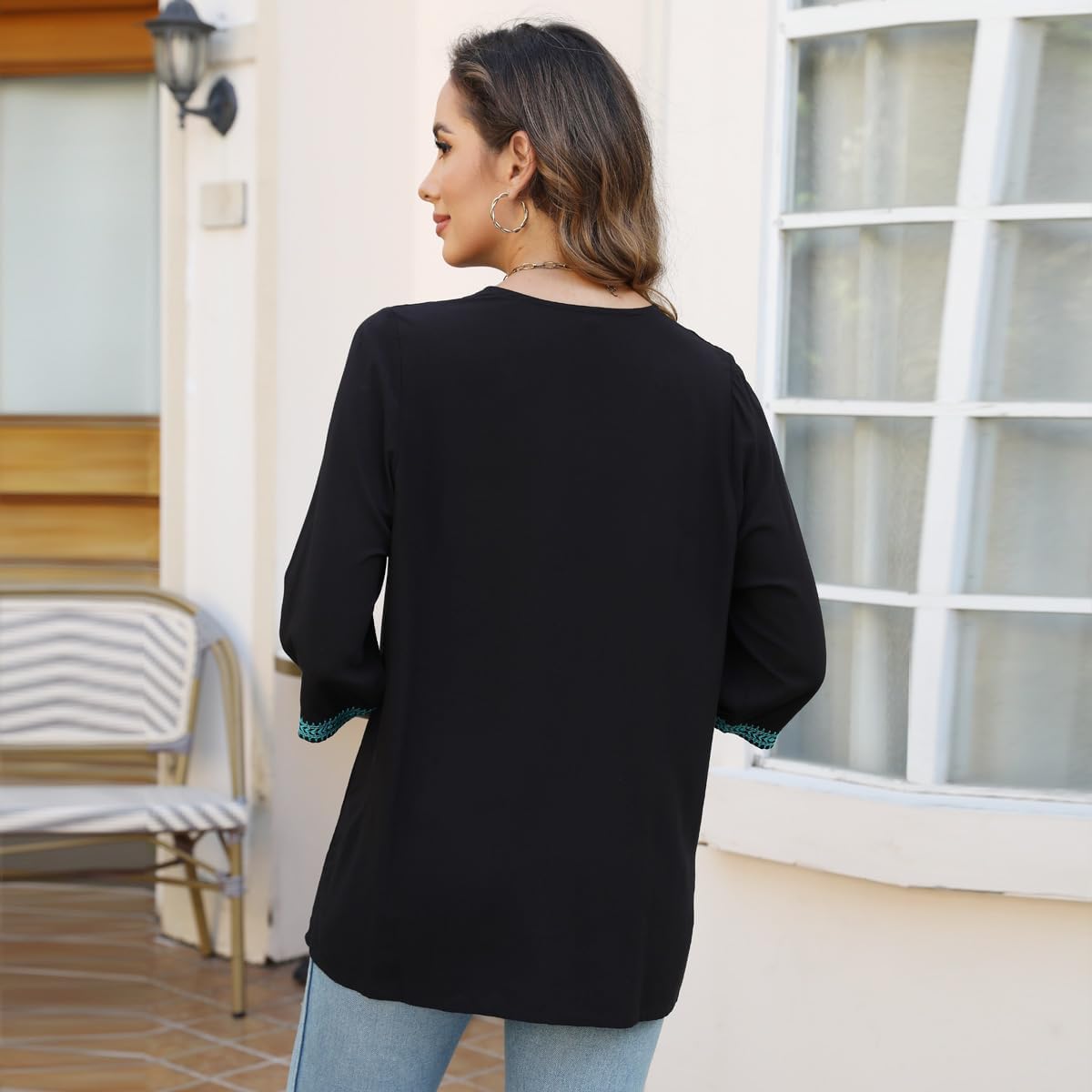 AK Embroidered Tops for Women 3/4 Sleeve Traditional Mexican Shirts V Neck Boho Floral Peasant Tops Loose Tunic Blouses - Image 5