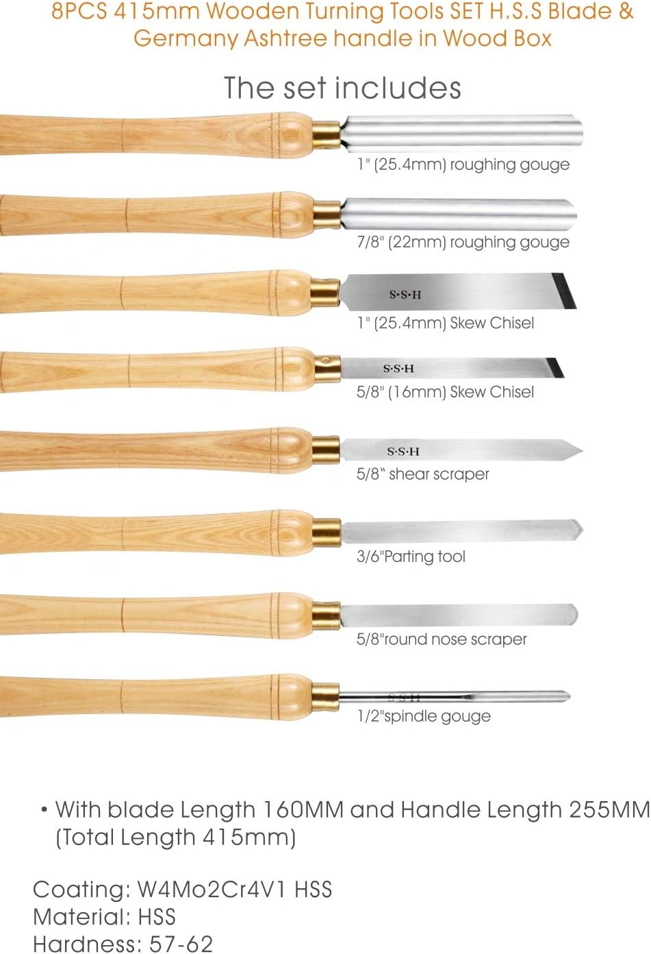 Mengkai Wood Turning Tools with HSS Blade Hardwood Handles Woodworking Lathe Chisel Set 8 Pieces, High Speed Steel Gouge Set with Brass Ferrules & Wooden Case for Storage - - 