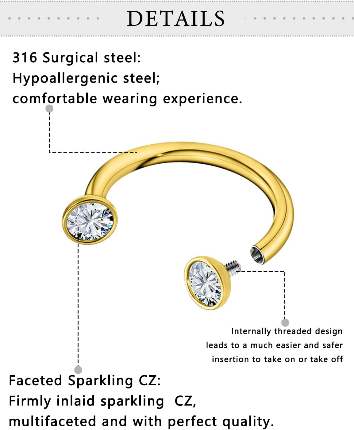 Horseshoe Nose Ring Surgical Steel Double Stud Nose Ring 18G Lip Rings Clear Cubic Zirconia Horse Shoe Daith Piercing Jewelry for Women Inner Diameter 8mm(5/16inch) - Image 3