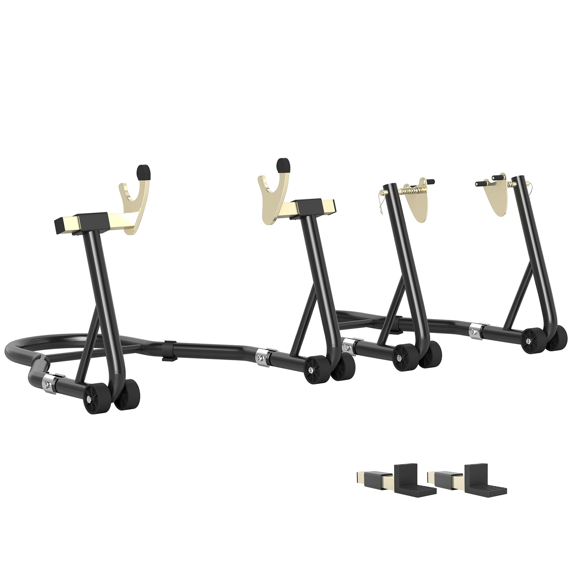 HOMCOM Caballete de Moto, Carga 390 kg, Soporte Delantero y Trasero Universal, Elevador de Moto de Acero con Horquillas Ajustables en U+L, Ruedas y Clips de Sujeción, Negro