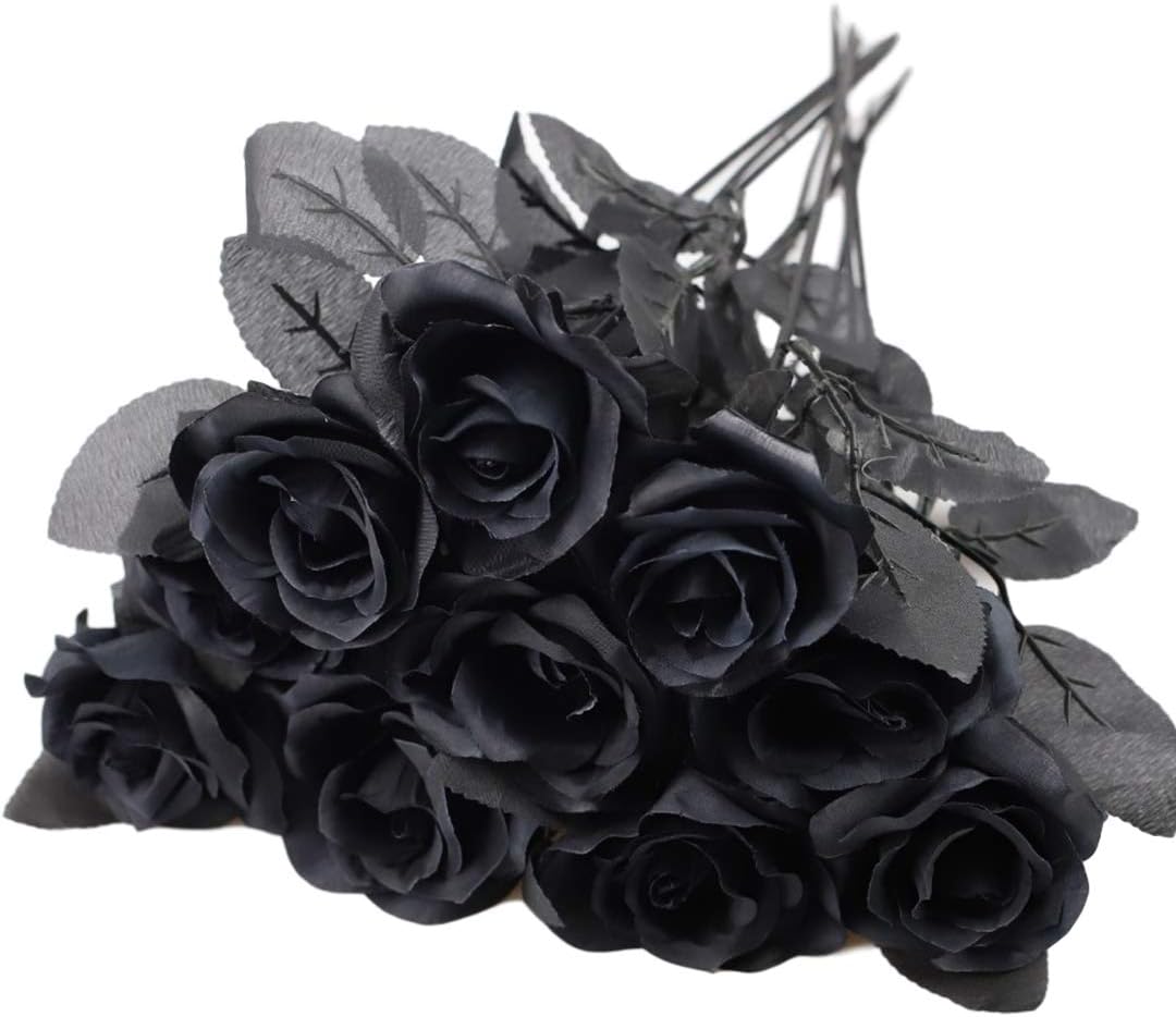 TUZAZO 10pcs Black Roses Artificial Flowers, All Black Faux Fake Silk Rose Black Flowers for Bridal Bouquet Wedding Decor Crafts, Halloween, Party, Home Decorations