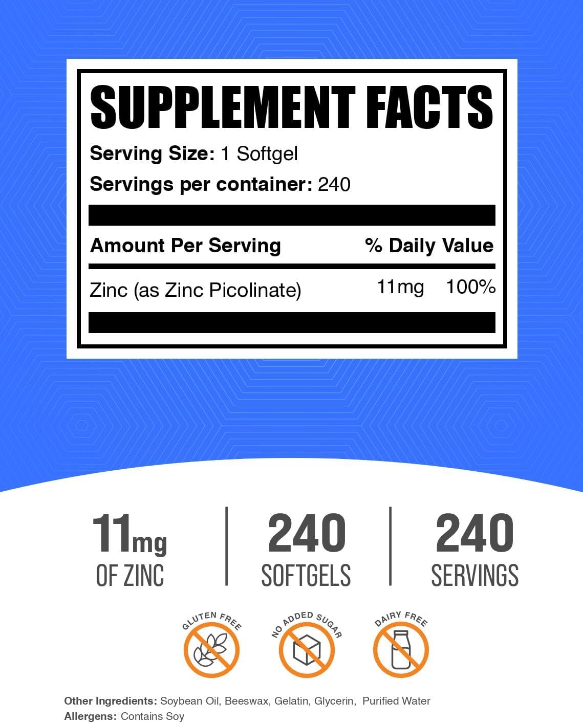 BulkSupplements.com Zinc Picolinate Softgels - Zinc 11mg, for Immune Support, Gluten Free - 1 Softgel per Serving, 240 Count (Pack of 1) - Image 2