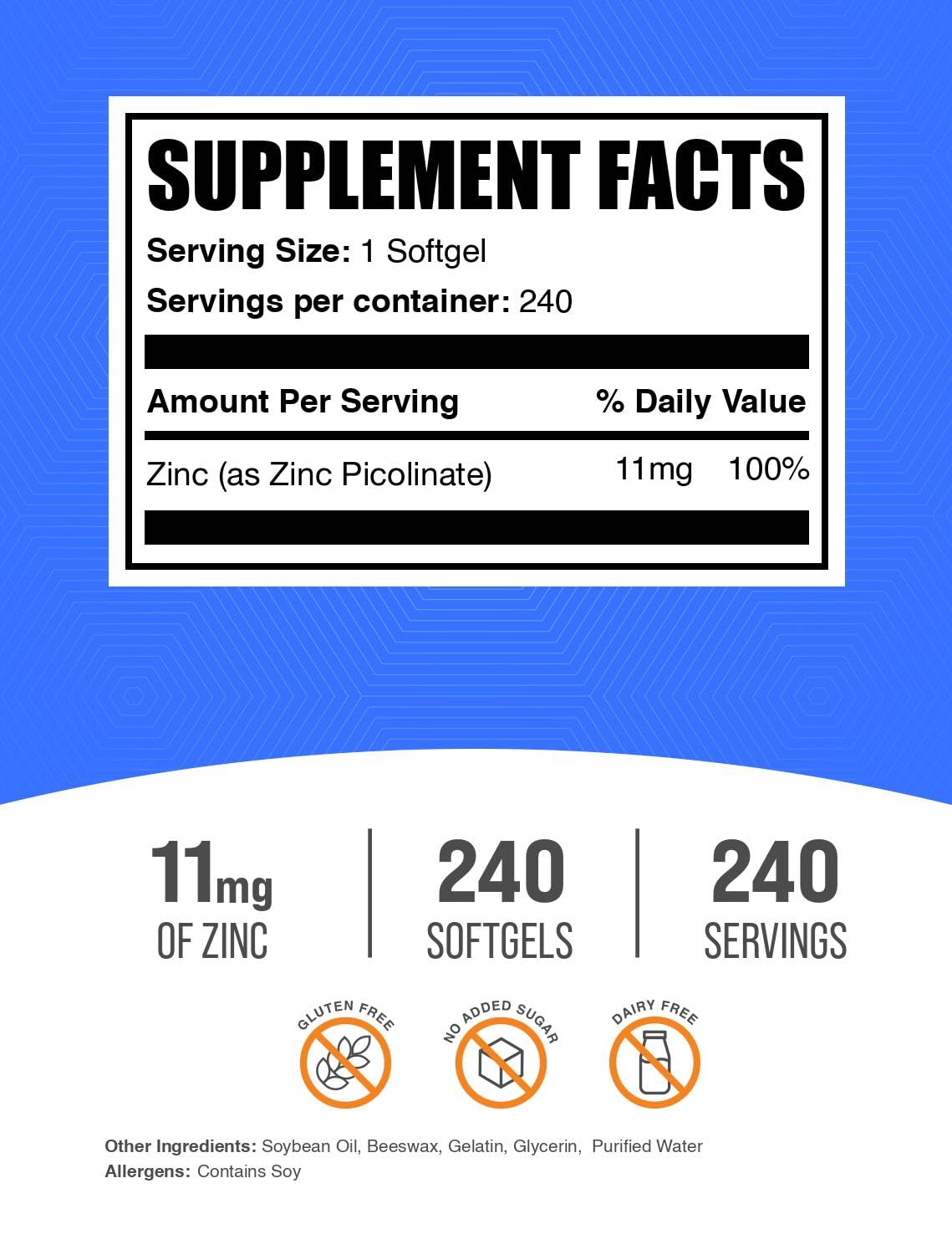 BulkSupplements.com Zinc Picolinate Softgels - Zinc 11mg, for Immune Support, Gluten Free - 1 Softgel per Serving, 240 Count (Pack of 1) — Amazon image 2