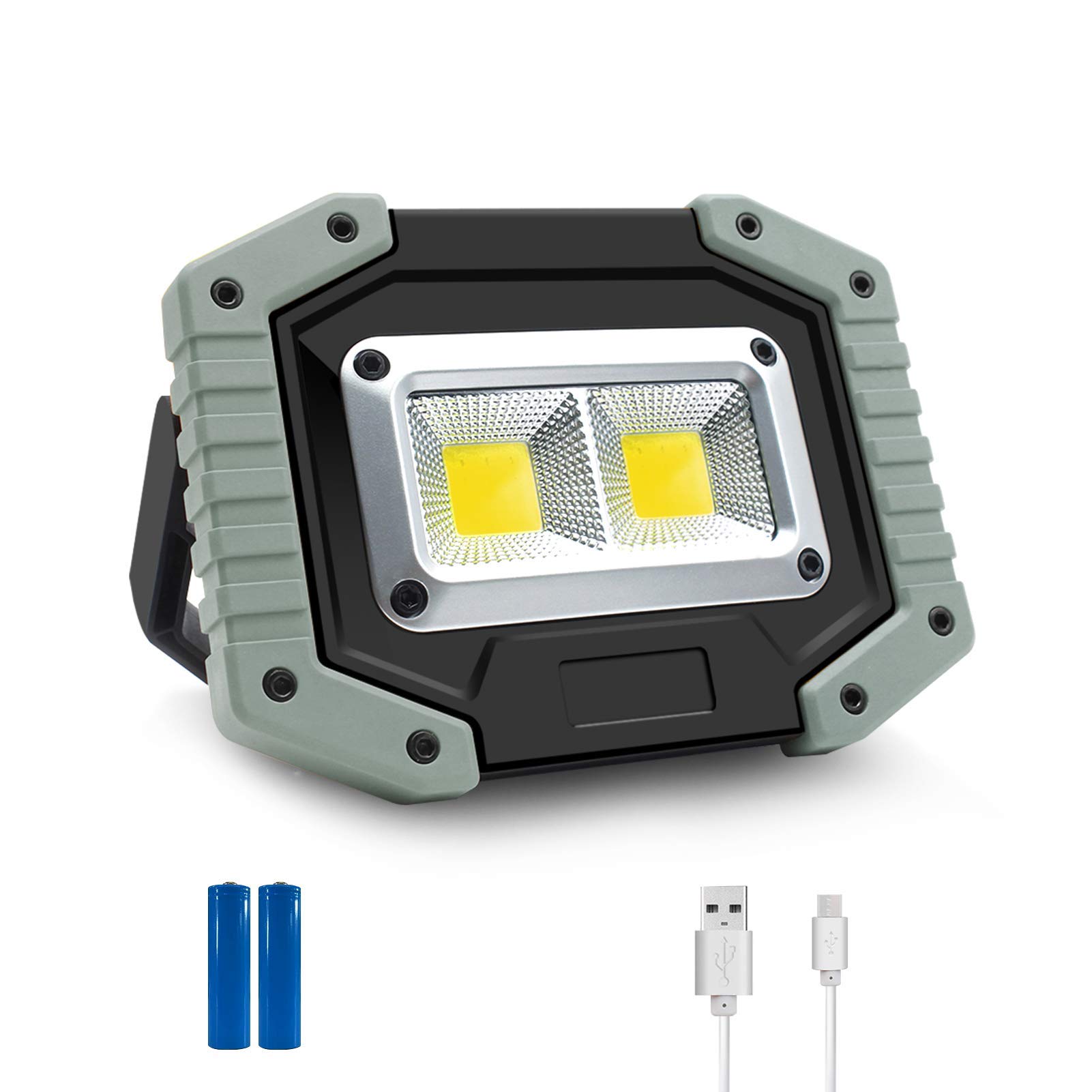 Portable LED Work Light, 30W 1500LM Rechargeable Waterproof COB Floodlight, Super Bright Camping Lights with Stand Built-in Power Bank for Indoor Outdoor Lighting, Gray, 1Pack