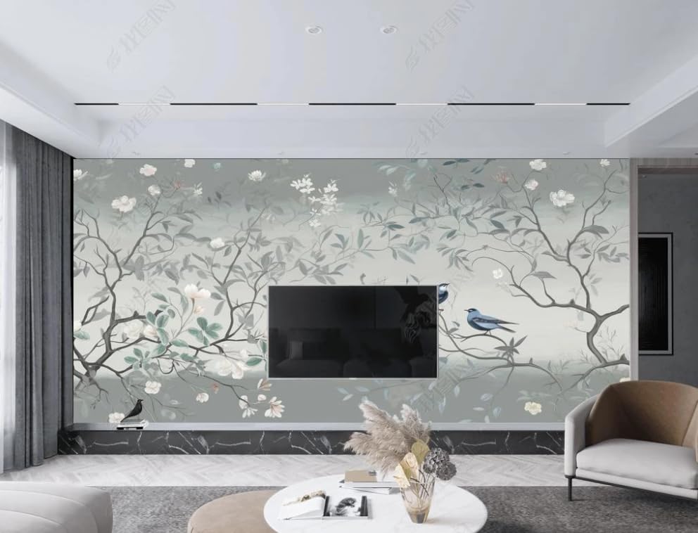 Papier peint intissé fleurs oiseaux au dessin fait main pour mur XXL