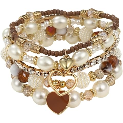 Pingyongchang Bohemian Stackable Beaded Bracelets Set for Women Multicolor Stretch Faux Pearl Heart Crystal Stretchy Bangles Multilayered Handmade Friendship Holiday Beach Jewelry Mother's Day Gifts-Brown Cover