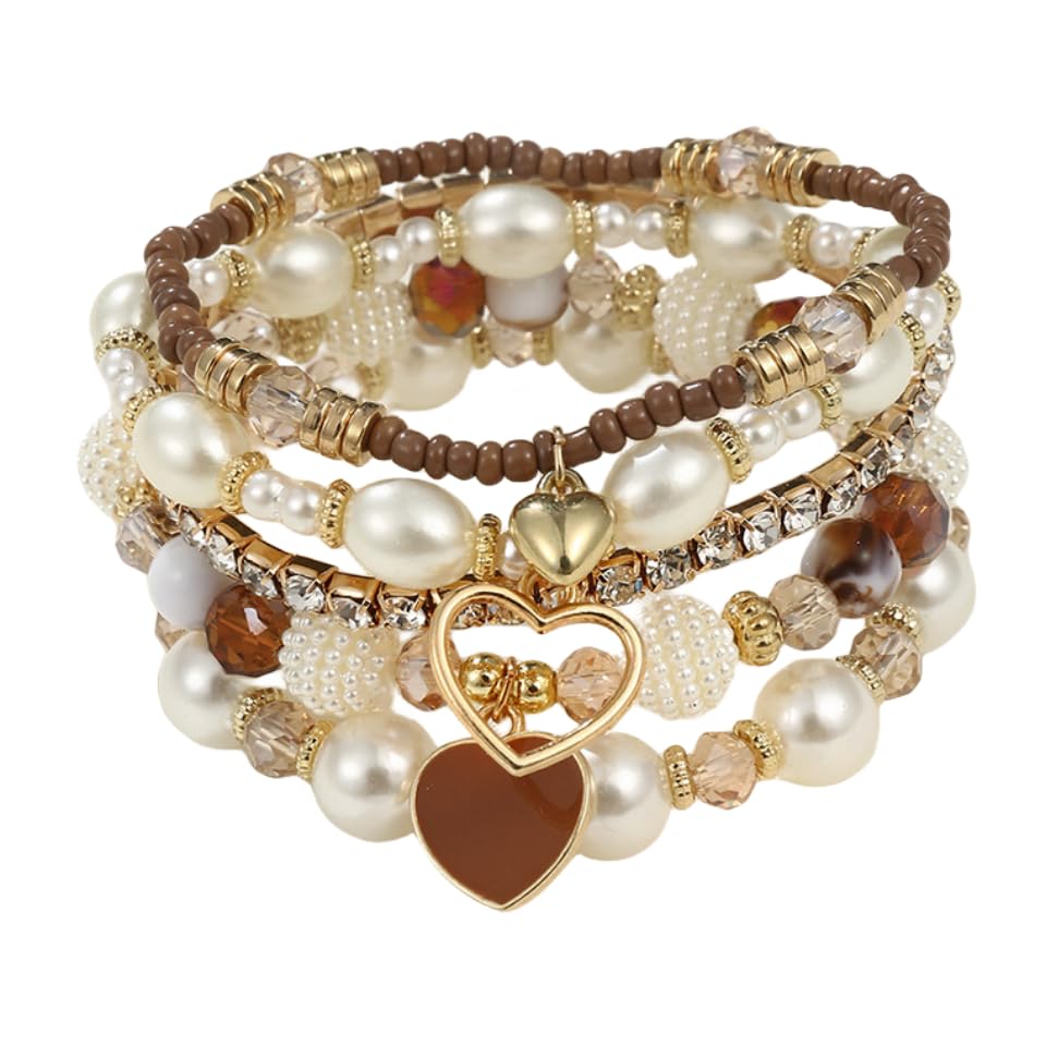Pingyongchang Bohemian Stackable Beaded Bracelets Set for Women Multicolor Stretch Faux Pearl Heart Crystal Stretchy Bangles Multilayered Handmade