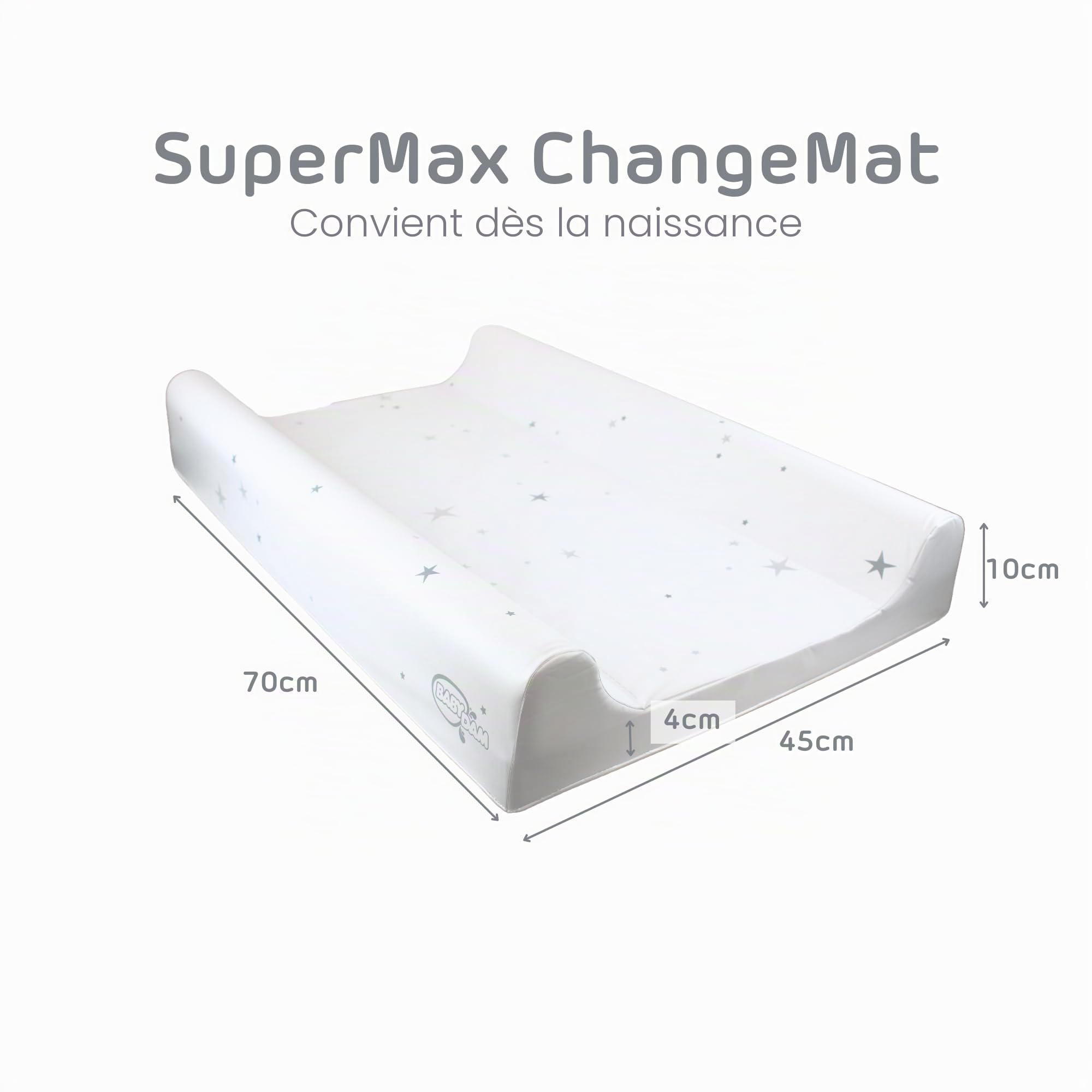 BabyDam Matelas à langer anti-roulis de luxe SuperMax - Facile à nettoyer - 70 x 45 cm - Gris étoilé / blanc