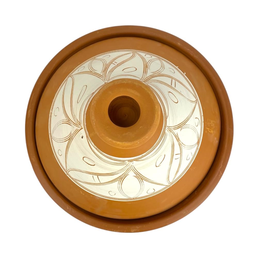 Tajine Marocchina in Terracotta, diametro 33x28h cm, Decorato a Mano, Naturale Non Smaltato, per 5-6 Persone