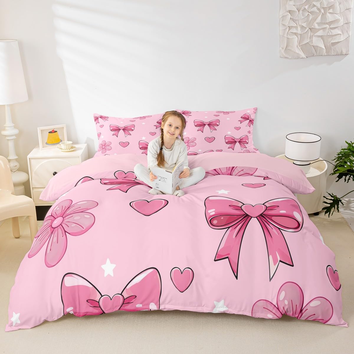 Homemissing Pink Bow Tie Duvet Cover Set Boys Girls Pink Bow Bedding Set Single Size Breathable Soft Flower Star Print Duvet Cover with 1 Pillowcase Love Heart Bowknot Bedding - Image 3