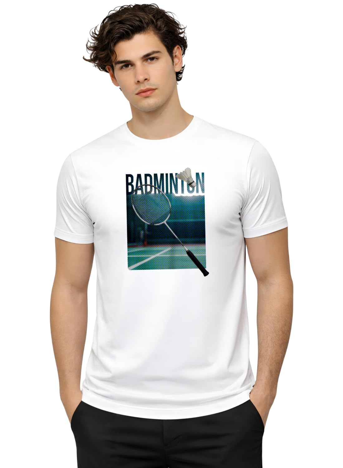 - Mens Badminton Graphic T-Shirt | Cotton Lycra Tshirt | 180 GSM Stretchable Crew Neck Sports Tee | Breathable Casual T Shirt for Men