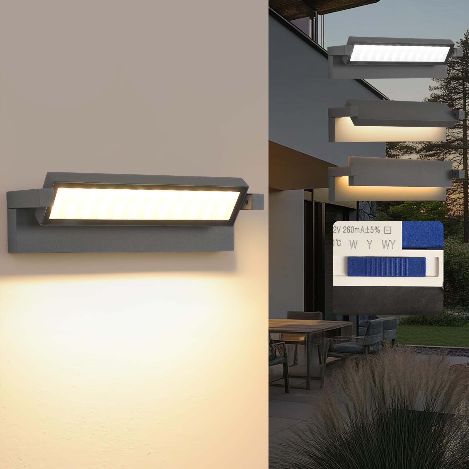 SANSHI 36W Applique Murale Extérieure LED avec Rotatif panneau,Anthracite