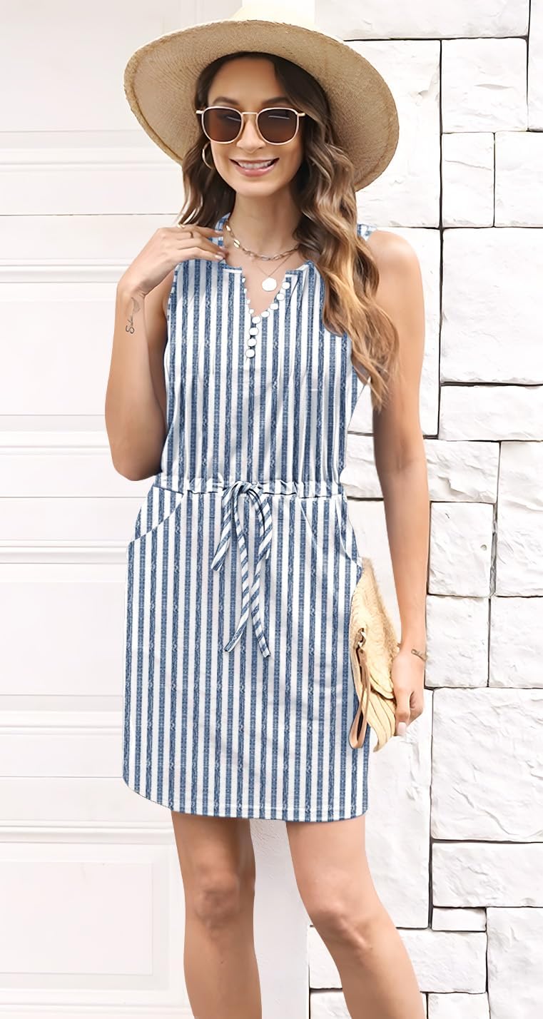 ETCYY Womens Summer Casual Dresses Sleeveless Beach Vacation Sundresses Drawstring Waist Short Striped Dress with Pockets - Image 3