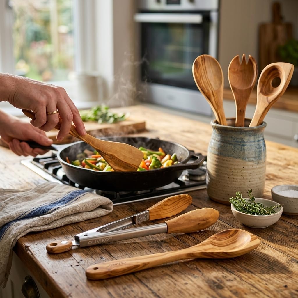 OLIVIKO™ 100% Olive Wood Kitchen Utensil Set with Tongs | 6-Piece HANDMADE Set | Non-Stick Safe | BPA-Free | Spatula, 3 Spoons, Fork & Stainless Steel Tongs | Eco-Friendly Gift