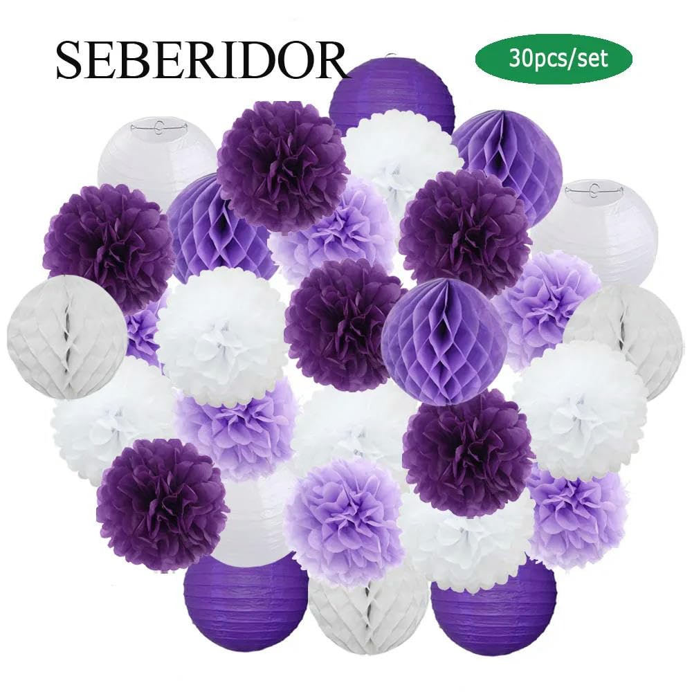 Juego de 30 farolillos de Papel Azul y Blanco para decoración de Festivales y Fiestas, de 6, 8, 10 y 12 Pulgadas, para Bautizo de bebé, Fiesta de cumpleaños, Pompones Colgantes