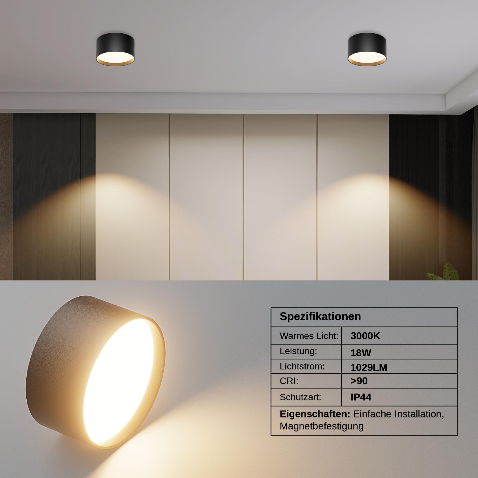 Klighten LED 18W Aufbauspot Runde Deckenspots Aufputz Deckenleuchte, Schwarz Aufbaustrahler, Deckenstrahler Flach Aluminium+Acryl, Aufbauleuchte Warmweiß 3000K, Aufputzleuchte IP44, 1029LM, 60x120mm
