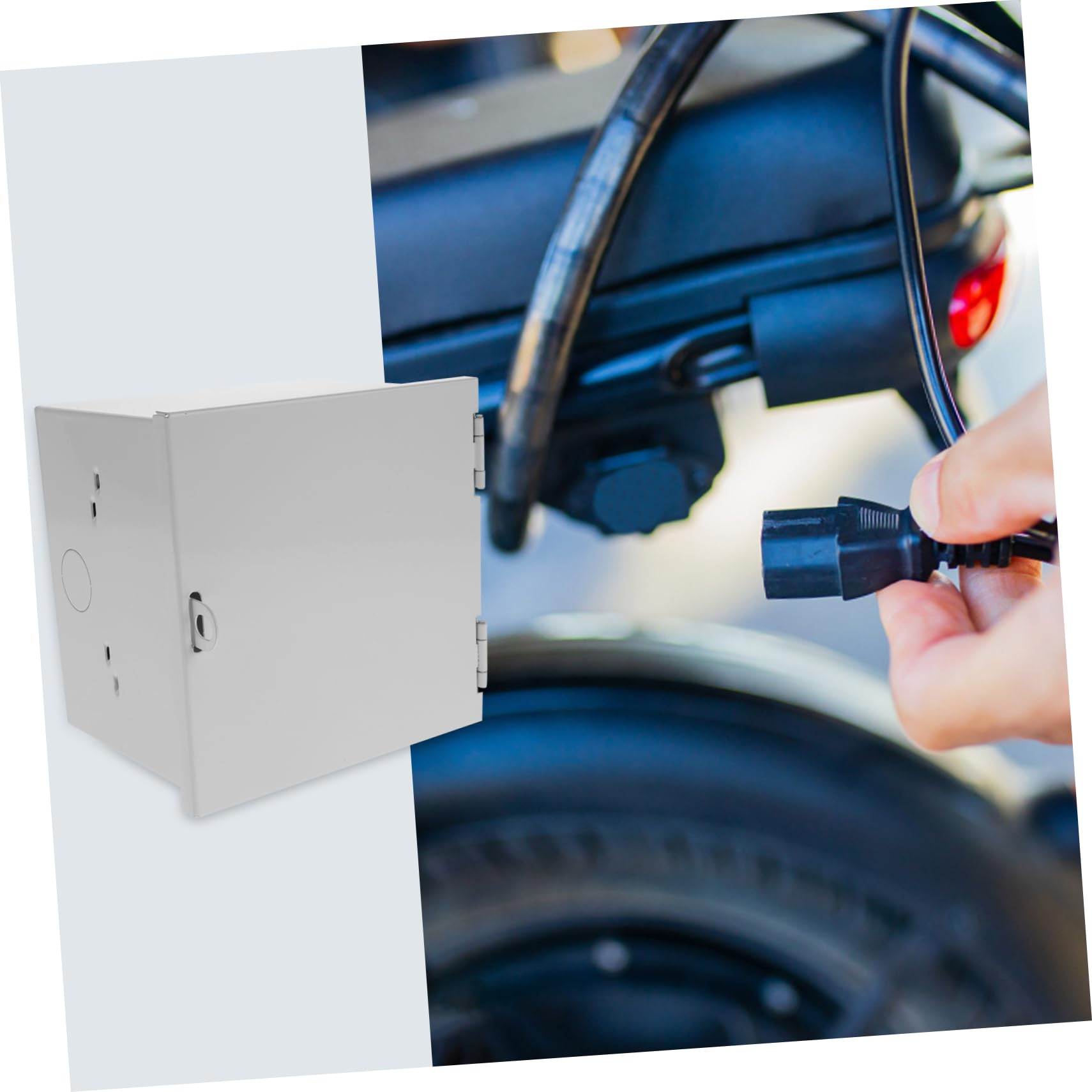Caja Protectora de Tomacorriente para Vehículos Eléctricos Cerradura, Material Hierro white Resistente para Uso Exterior y Eliminador de Adaptadores Adicionales