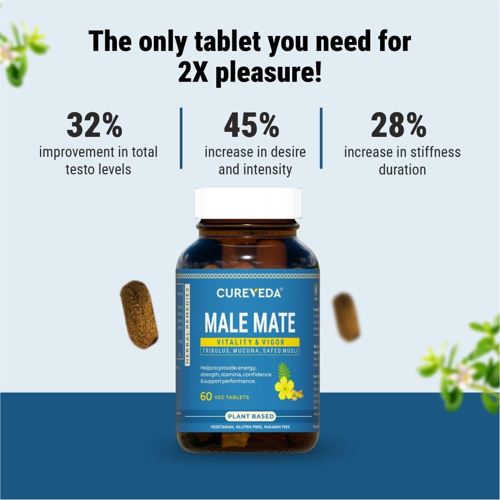 Cureveda Herbal Male Mate | Testosterone Support Supplement For Men | Tribulus, Mucuna, Safed Musli | 60 tab 1