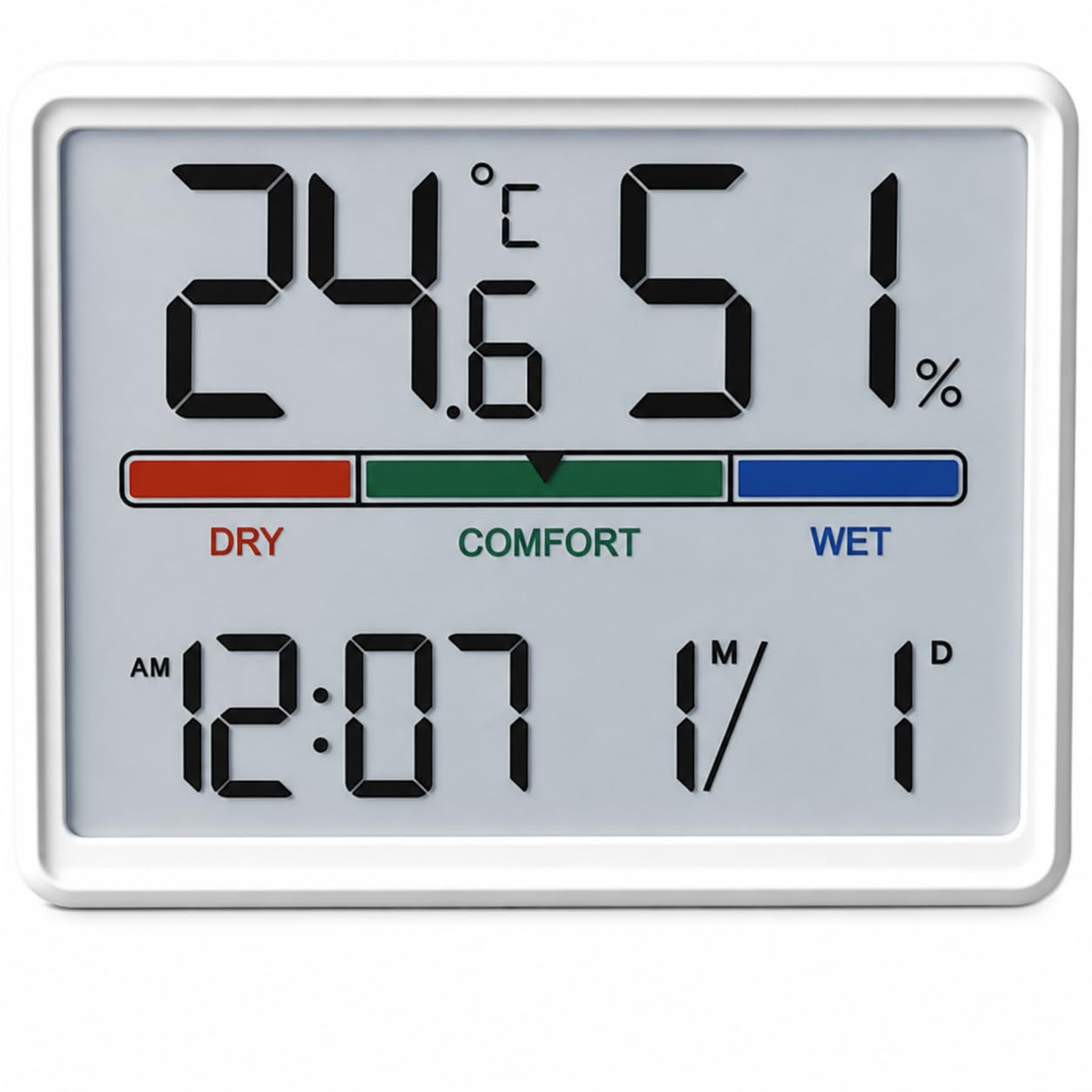 Digital Hygrometer Indoor Thermometer, Clock with Temp & Humidity, Temp Gauge with Comfort Indicator, Wall/Magnetic/Desk Alarm Clock for Bedroom, Baby Room, Office, Kitchen, Garage (White)