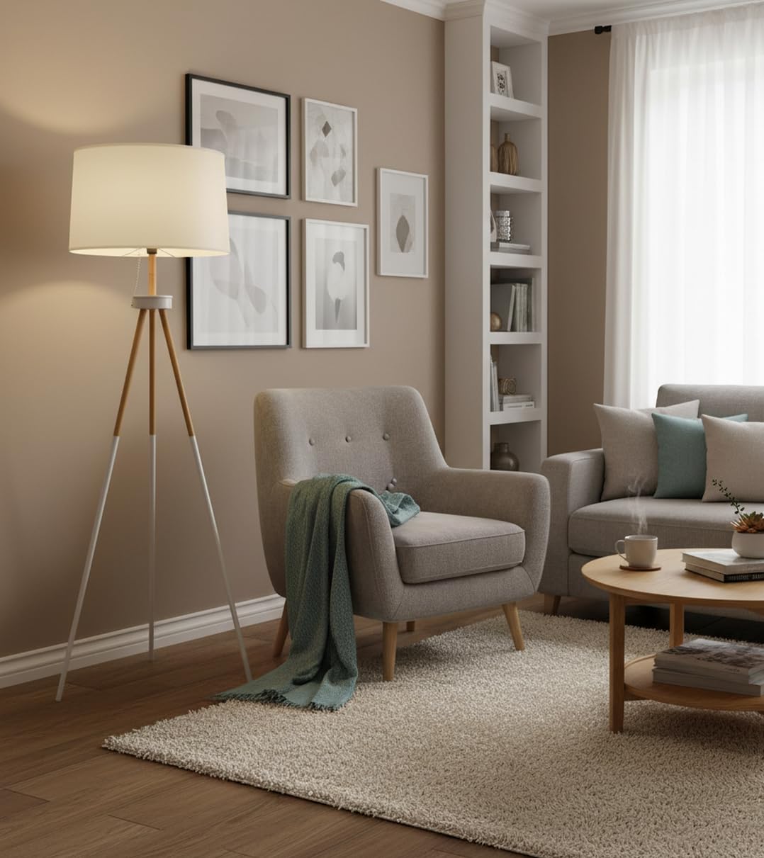 BEL AIR HOME - Lampada da Terra Soggiorno NAPOLI, Treppiede a 3 gambe 1 x E27 (Lampadina non inclusa) Design Moderno in Metallo e Legno, Ideale per Salotto e Camera (BIANCO)