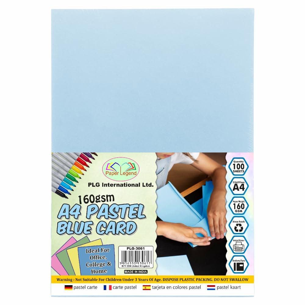 A4 Coloured Paper Pastel Card 160gsm Activity Card DIY Craft Paper Sheets Card Making Printer Photocopier Coloured Card Stock Sheets Invitations for Birthdays Weddings Occasions (100, Blue)