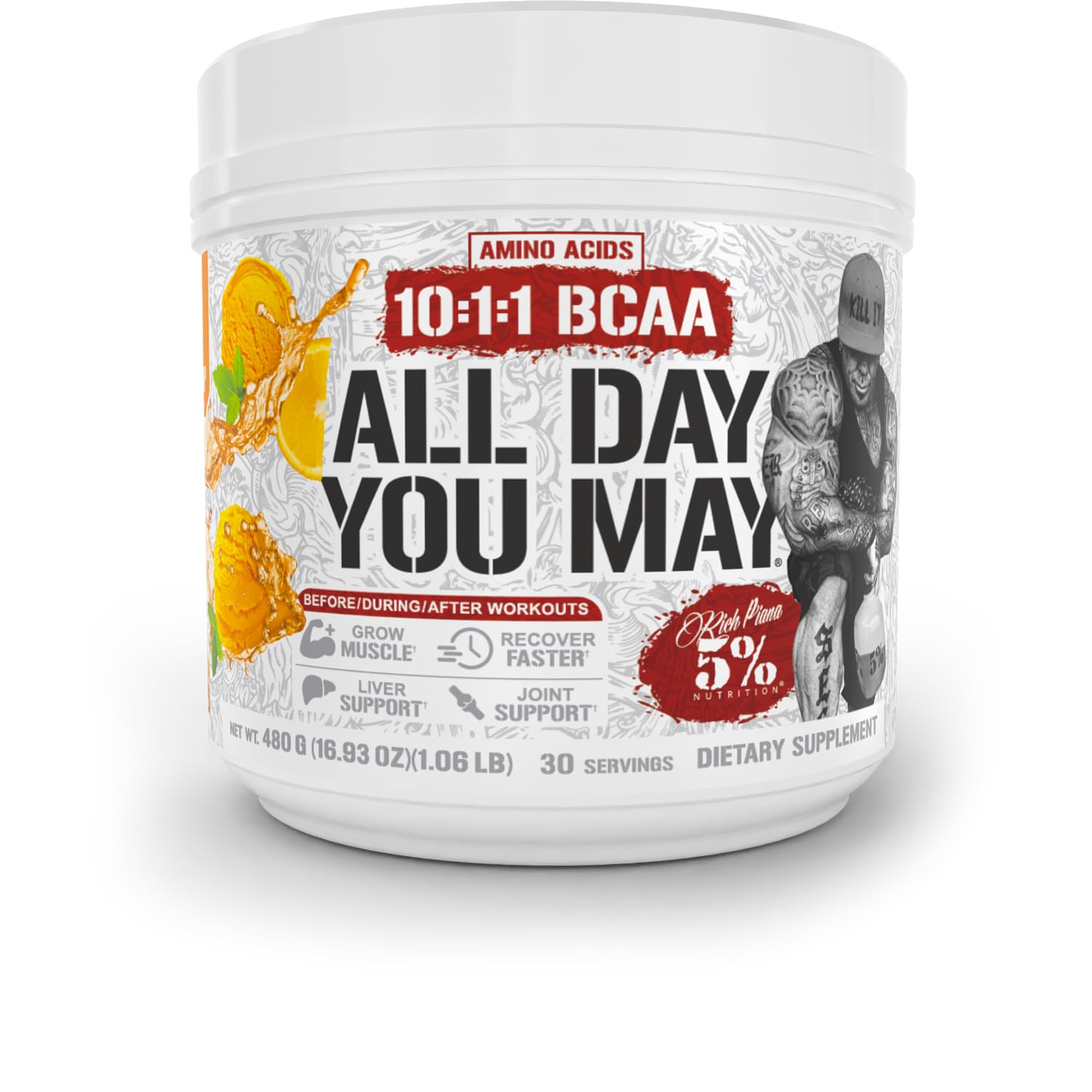 5% Nutrition Rich Piana AllDayYouMay BCAA Powder | Premium Intra & Post Workout Amino Acids, Hydration, Endurance, Muscle Recovery, Joint & Liver Support | 15.87 oz, 30 Servings (Push Pop)