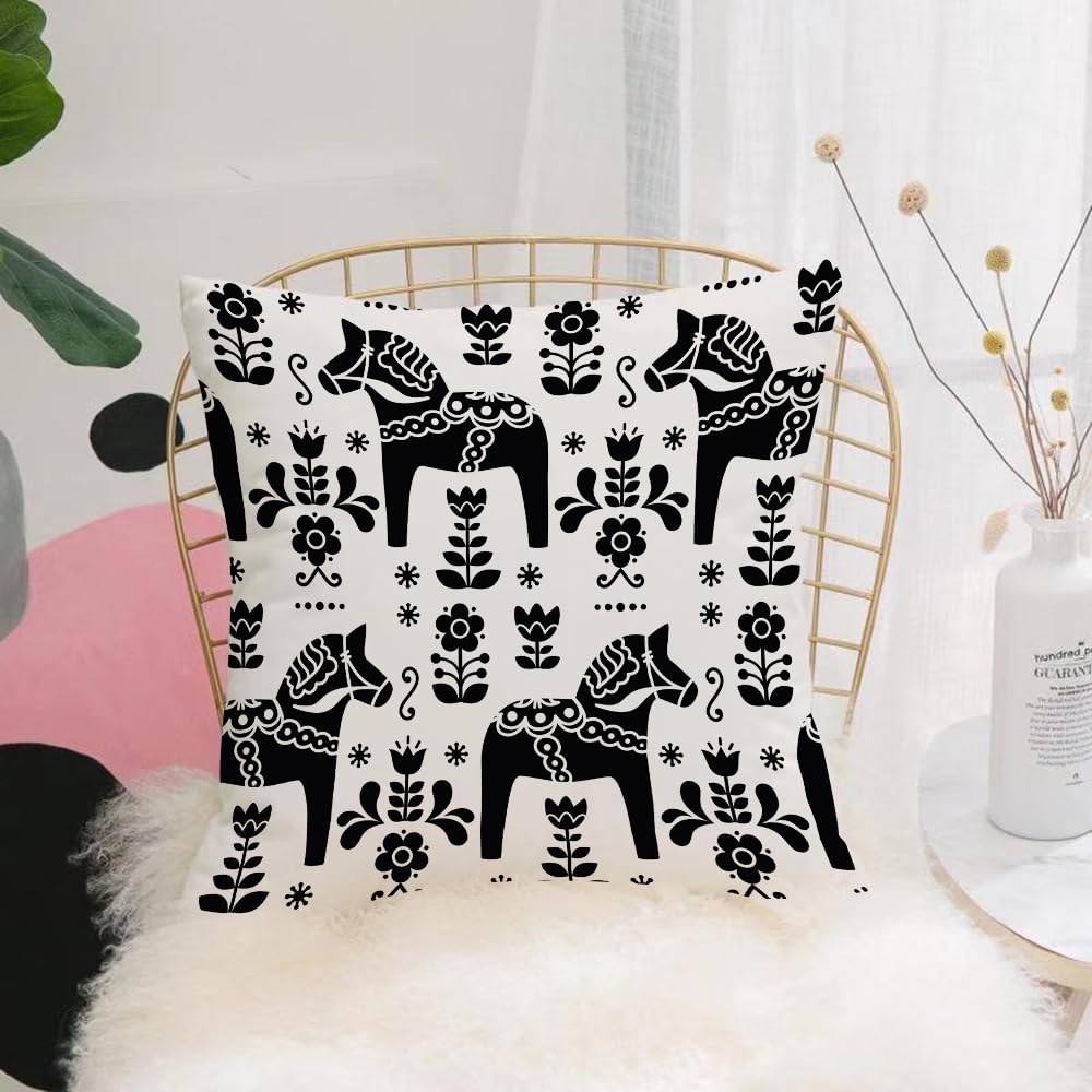 HYMSXW Cushion Cover,Throw Pillow Case Home Decorative for Living Room Bedroom Sofa Chair 20X20 Inch,Nordic and Swedish folk art with dalecarl horse silhouettes1,Pillowcase 50X50cm