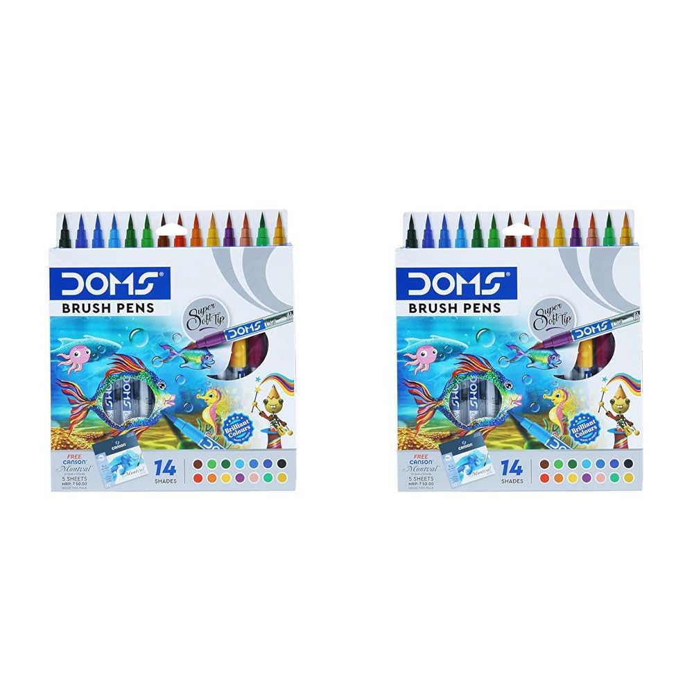Doms Non-Toxic Brush Pen in Cardboard Box (14 Assorted Shades) (Pack of 2)