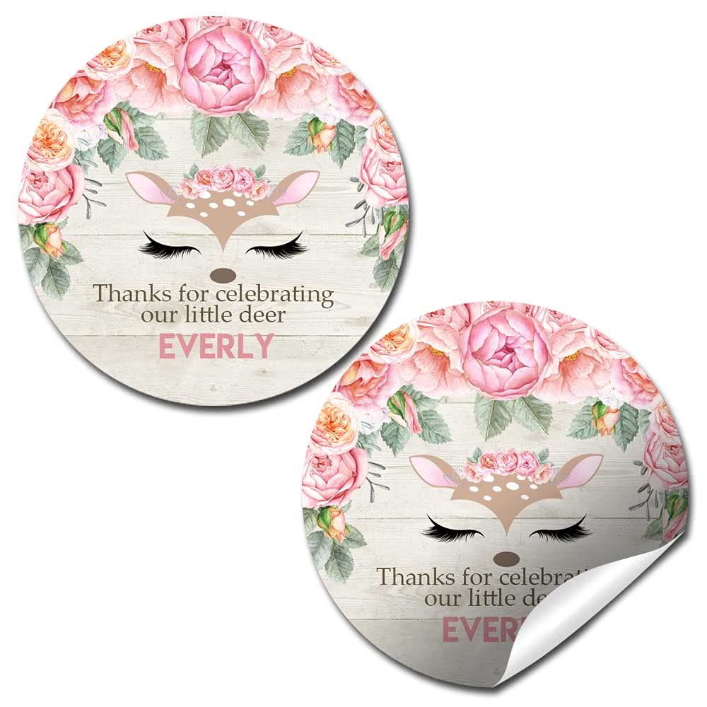 Custom & Personalized Deer Face Watercolor Floral Little Deer Thank You Sticker Labels for Girls, 40 2" Party Circle Stickers by AmandaCreation, Great for Party Favors, Envelope Seals & Goodie Bags