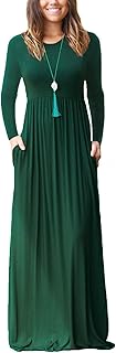 Women Long Sleeve Casual Round Neck Loose Solid Floral Maxi Long Dress with Pockets, S-3XL