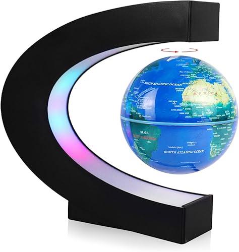 PURAIN Globo flotante magnético de 3 pulgadas 24 horas con rotación automática en forma de C con mapa del mundo de luz LED, regalo para hombres,