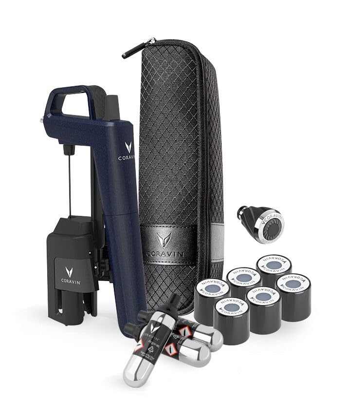 Coravin Timeless Six Plus Wine Preservation System - By-the-Glass Wine Saver - With 3 Pure Argon Gas Capsules, 6 Screw Caps &amp; Wine Aerator - Limited Edition Ocean Blue