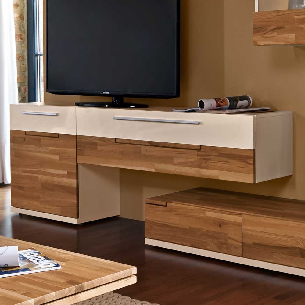 Parete di montaggio in bianco lucido con rovere massello (5 pezzi) con illuminazione Pharao24