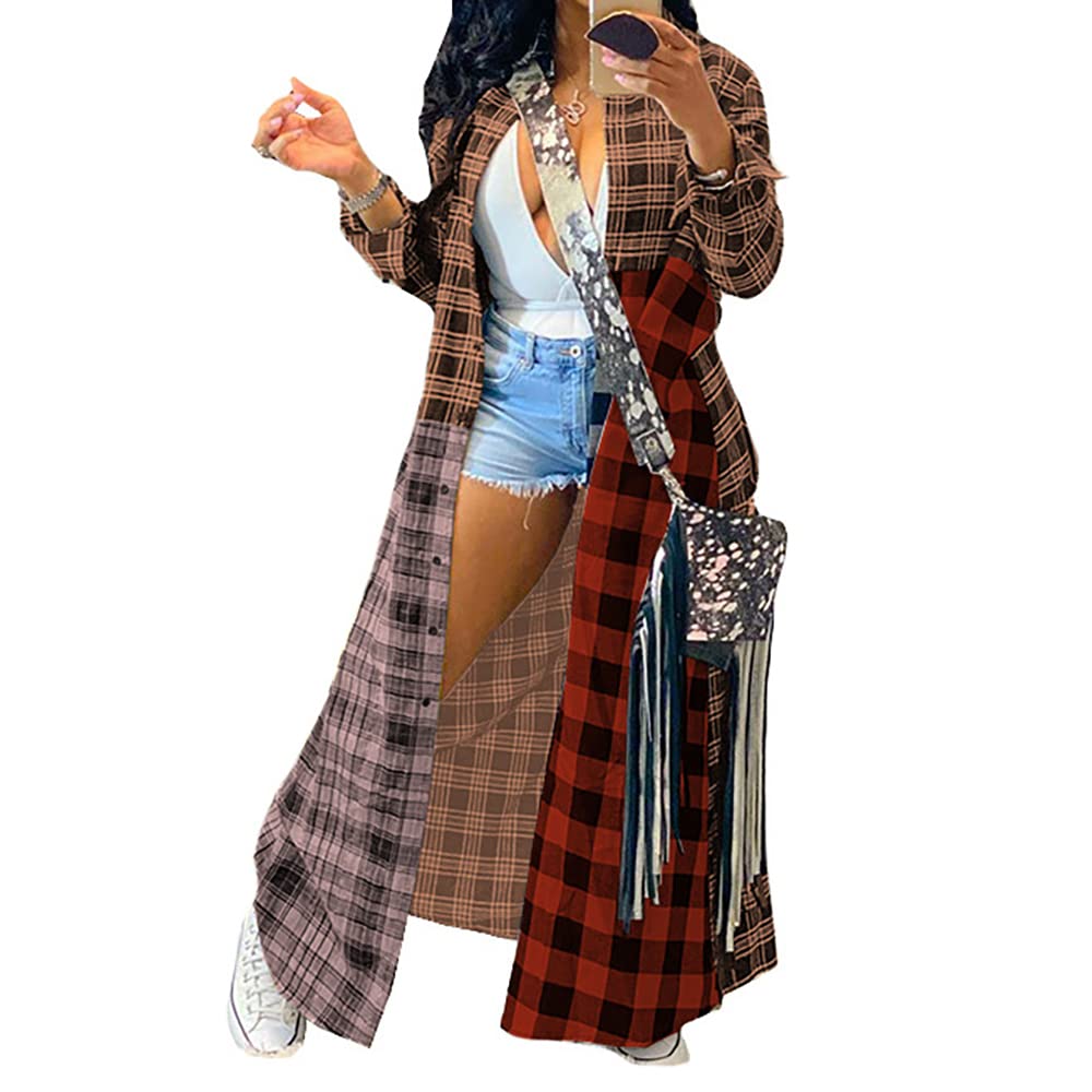 JanepamWomen Windbreaker Duster Coat Plaid Multi-Colorful Button-Down Maxi-Long Spear Collar Jacket Trench Outerwear Shacket