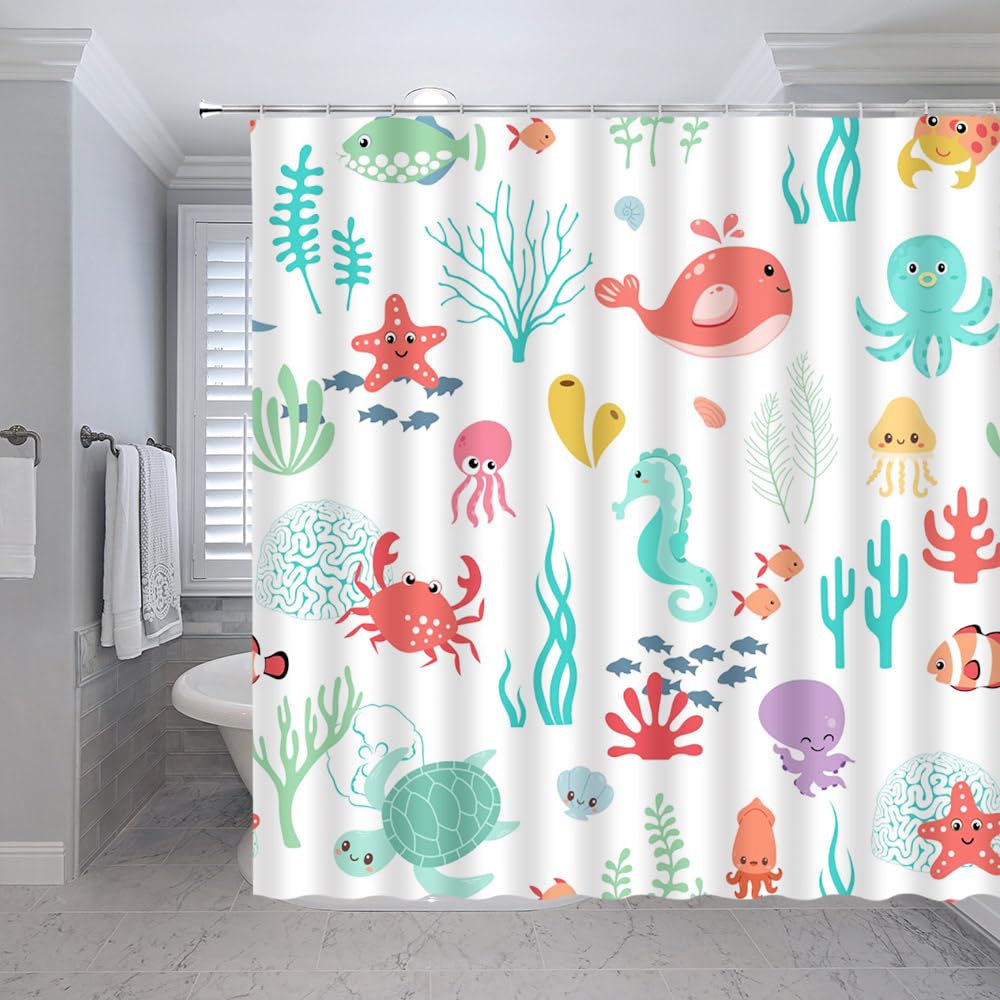 Fsfusvk Cartoon Sea Animal Shower Curtain Nautical Ocean Underwater Coastal Beach Sea Marine Animal Dolphin Octopus Seaweed Boys Girls White Polyester