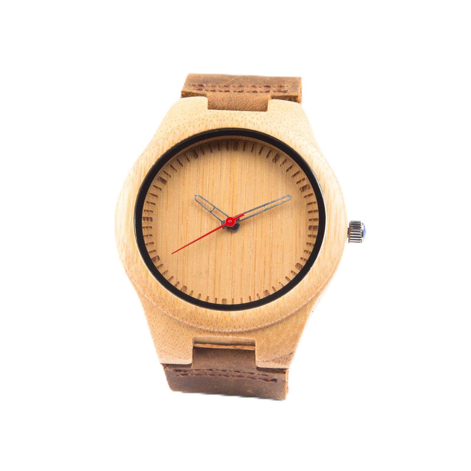 Kim Johanson Herren Bambus-Holz Armbanduhr *Red Bamboo* in Braun mit Echtem Lederarmband Handgefertigt Quarz Analog Uhr inkl. Geschenkbox