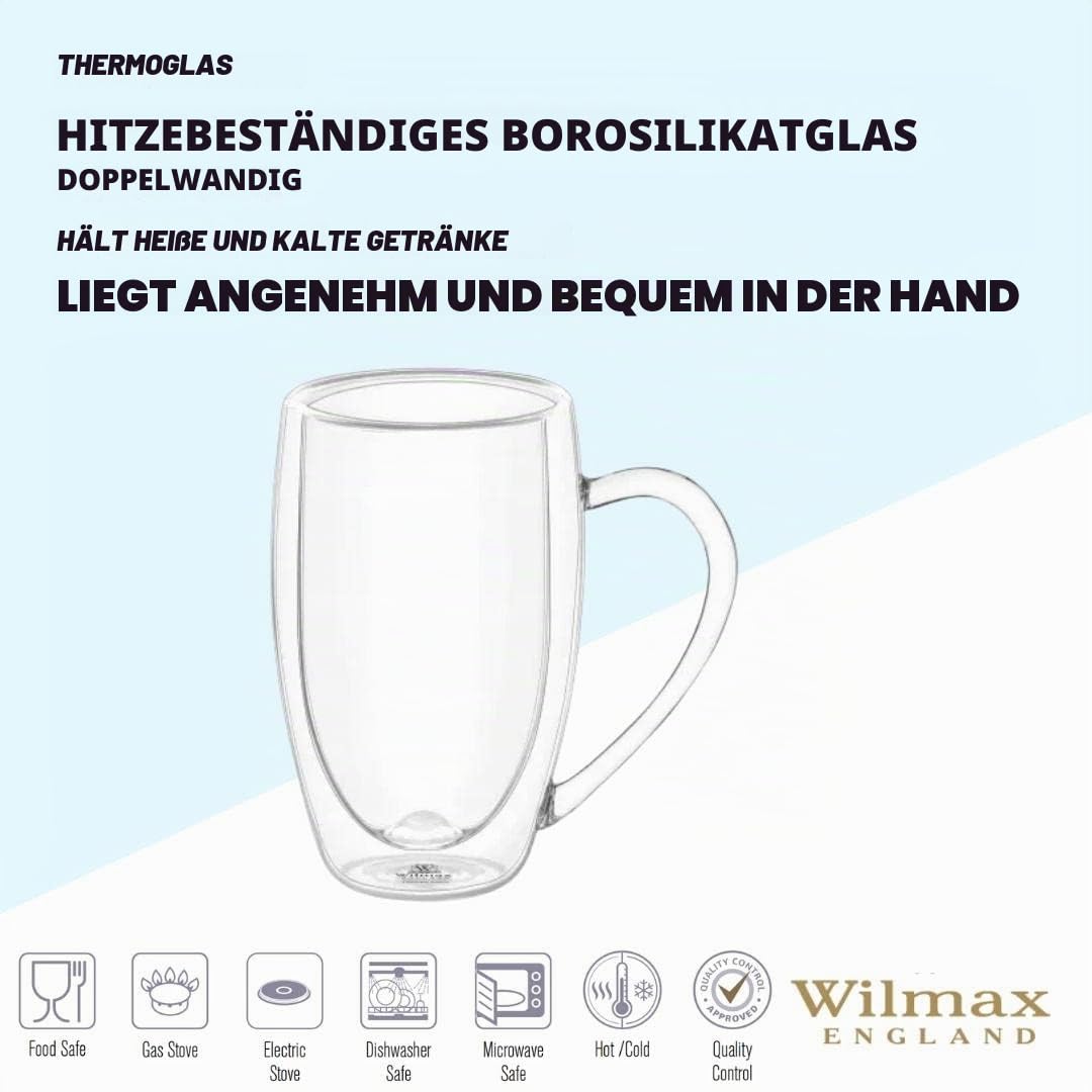 Wilmax | Doppelwandige Thermogläser mit Henkel | 6er-Set | 300 ml | Kaffeegläser | Latte Macchiato Gläser Set | Cappuccino Gläser | Teegläser | Trinkgläser | Thermotassen