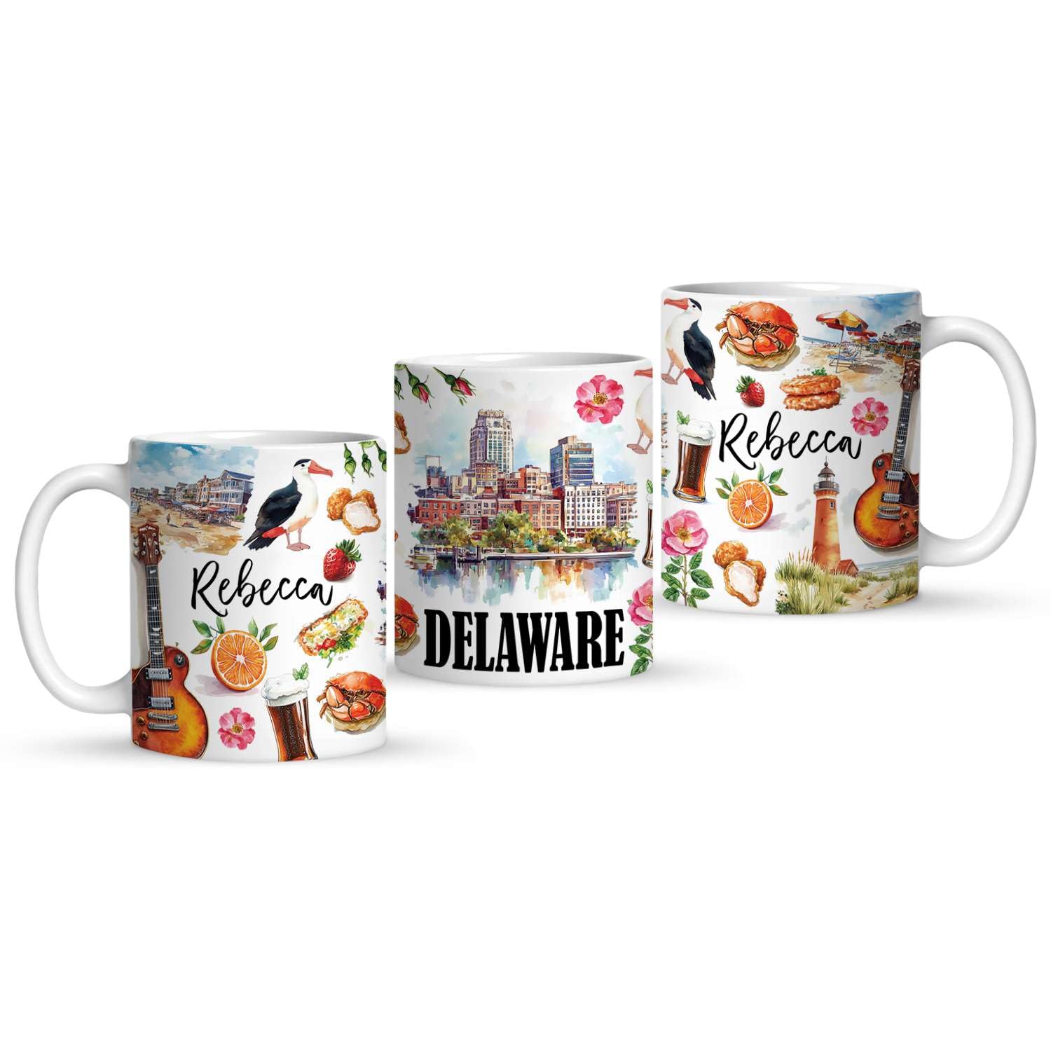 Awesome Personalized Delaware State Coffee Mug, Custom Name Delaware State Symbol Ceramic Cup, Gift For Travelers, Customized Iconic Landmark & Culture Full Wrap White Mug 11oz 15oz