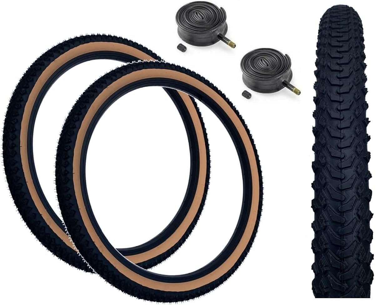 Baldys 24 x 1.95 Mountain Bike Tyres TAN WALL & Schrader Valve Inner Tubes (Pack of 2)