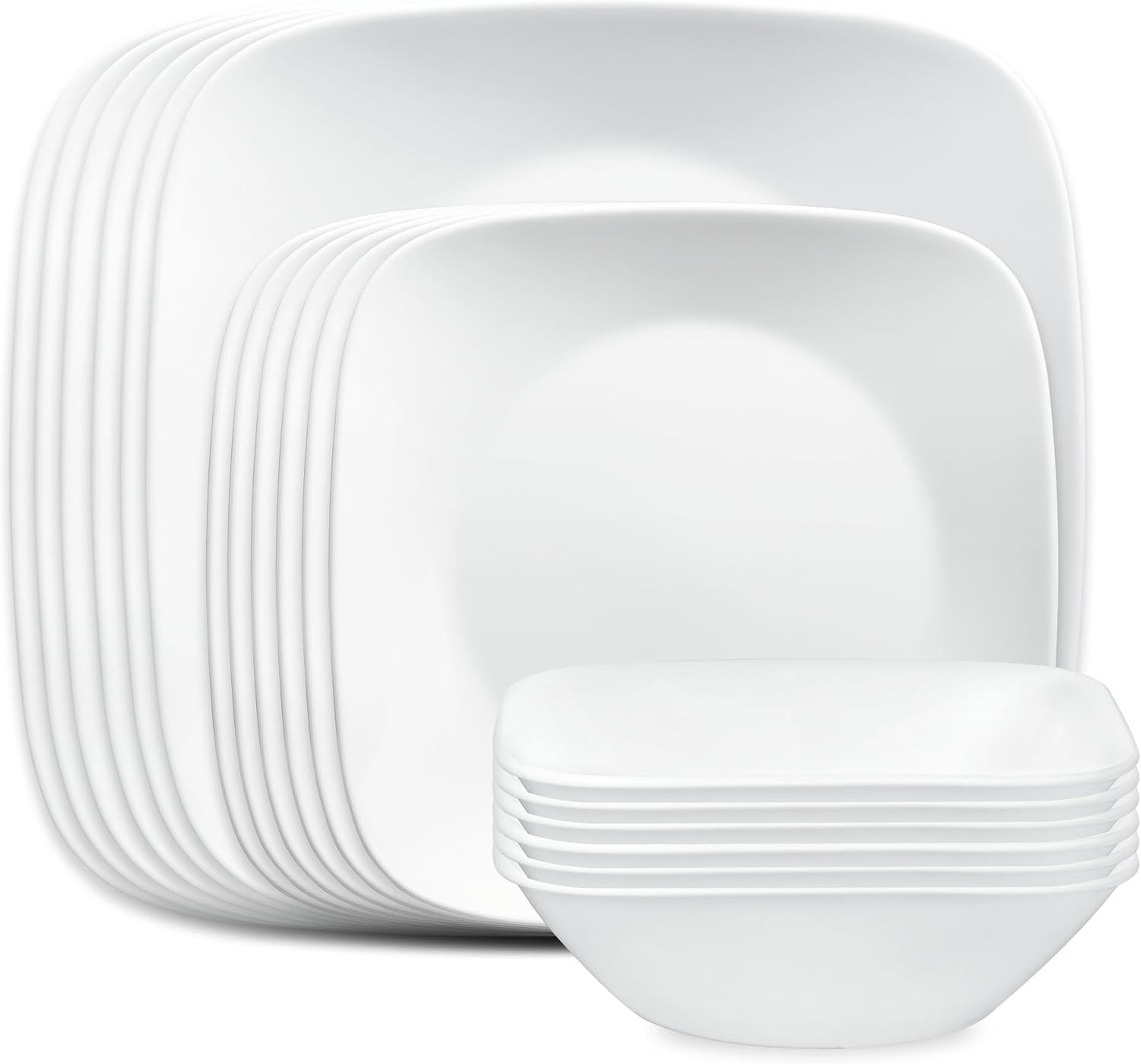 Corelle Vitrelle 18-Piece Service for 6 Square Dinnerware Set Triple Layer Glass and Chip Resistant, Lightweight Square Plates and Bowls Set, Pure White