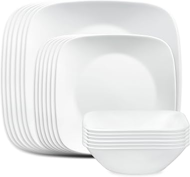 Corelle Vitrelle 18-Piece Service for 6 Square Dinnerware Set Triple Layer Glass and Chip Resistant, Lightweight Square Plates and Bowls Set, Pure White
