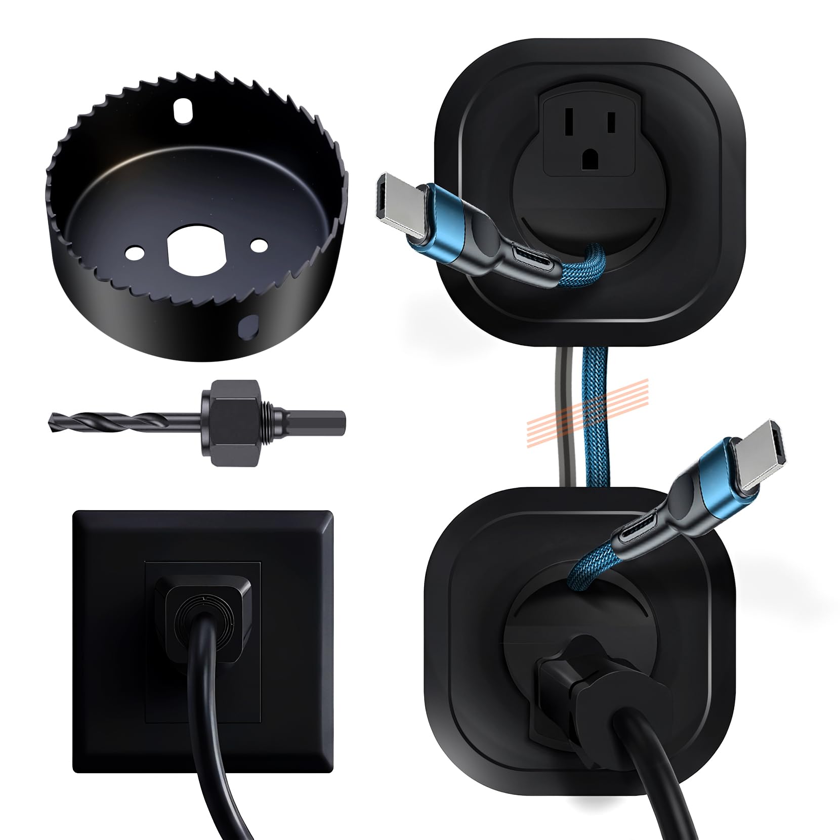 in-Wall Cable Management Kit for Wall Mounted TV - White Power & Low Voltage Cord Hider with Hole Saw, Extension Cord & Splitter - Hide TV Wires Behind Walls for Clean Home Theater & Gaming Setup