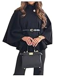 Women&apos;s Poncho Pea Cape Coat Mock Neck 3&sol;4 Sleeve Belted Business Jacket Outerwear