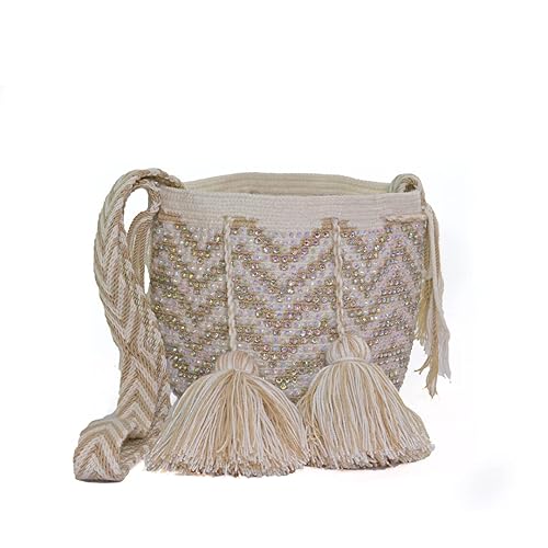 Mini Mochila Wayuu 100% colombian original premium handmade bag special geometric designs exclusive for any occasion with rhinestones (Gold)